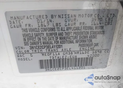 2014 Nissan Versa Note Sv from USA, damaged, VIN 3N1CE2CP3EL411201